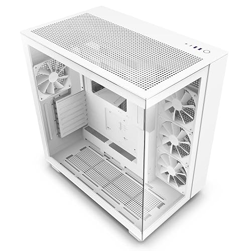 NZXT H9 Flow Dual-Chamber ATX Mid-Tower PC Gaming Case – High-Airflow Perforated Top Panel – Tempered Glass Front & Side Panels – 360mm Radiator Support – Cable Management – White