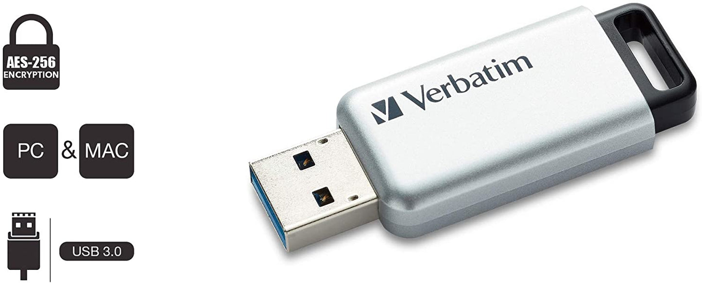 Verbatim 32GB Store'n' Go Secure Pro USB 3.0 Flash Drive with AES 256 Hardware Encryption - Silver