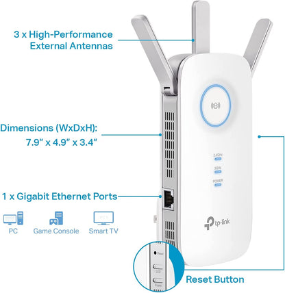 TP-Link AC1900 WiFi Extender (RE550), Covers Up to 2800 Sq.ft and 35 Devices, 1900Mbps Dual Band Wireless Repeater, Internet Booster, Gigabit Ethernet Port