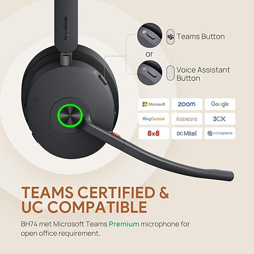 Yealink BH74 with Stand ANC Wireless Bluetooth Headset with Mic for Work, 6-mics Hybrid ANC Tech, Microsoft Teams Premium Open Of?ce Certified Headsets, up to 32h Talking Battery Life, Zoom Certified Black (Teams) BH74+Stand (USB-C to A)