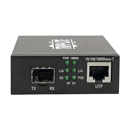 Tripp Lite Gigabit SFP Fiber Optic to Network Copper RJ45 Ethernet with PoE+, 10/100/1000 Mbps, International Power Cables, Extends Power (48 VDC) + Data, 2-Year Warranty (N785-INT-PSFP) International Power Cables Variable Open SFP