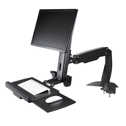 StarTech.com Sit Stand Monitor Arm - Desk Mount Adjustable Sit-Stand Workstation Arm for Single 27" VESA Mount Display - Ergonomic Articulating Standing Desk Converter with Keyboard Tray (ARMSTSCP1) Desk Mount – Spring Arm Black