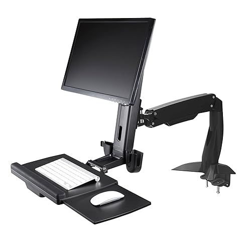 StarTech.com Sit Stand Monitor Arm - Desk Mount Adjustable Sit-Stand Workstation Arm for Single 27" VESA Mount Display - Ergonomic Articulating Standing Desk Converter with Keyboard Tray (ARMSTSCP1) Desk Mount – Spring Arm Black