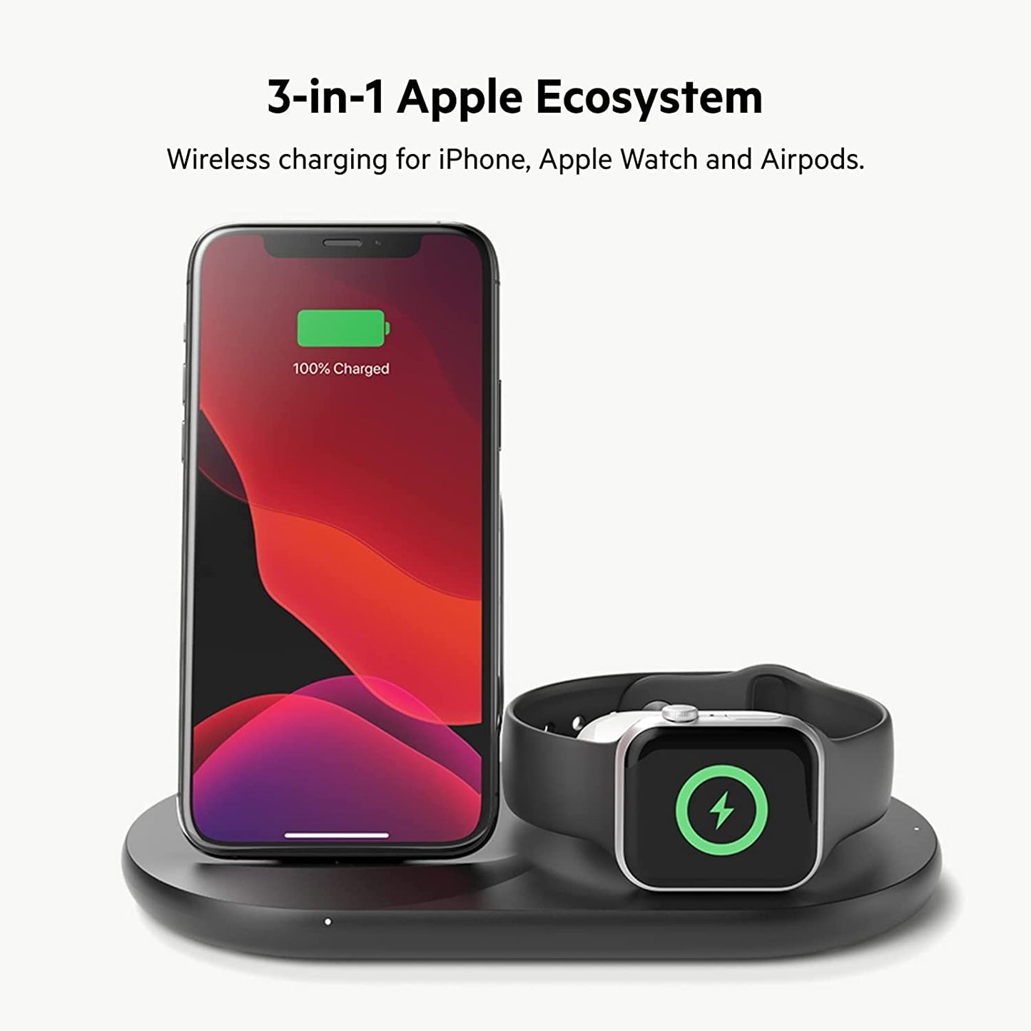 Belkin 3-in-1 Wireless Charger - Fast Wireless Charging Stand for Apple iPhone, Apple Watch &amp; AirPods - iPhone Case Compatible Qi Charger - Wireless Charging Station For Multiple Devices - Black Black Charger