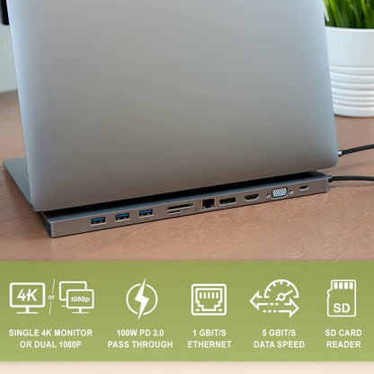 IOGEAR USB-C 8 Port Low Profile Docking Station - 4K@30Hz - 1 HDMI - 1 DisplayPort - 1 VGA - 1 Ethernet - 3 USB 3.0 A Ports - 1 USB-C 100W Charging Only - Card Reader Slot - 1 3.5mm - GUD3C02B Pro 100 Ultra-Slim Station Docking Station