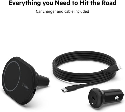 Belkin Magnetic Wireless Car Charger - MagSafe Compatible Car Mount Wireless Charger - Air Vent Mount With Included Power Supply for iPhone 14, iPhone 13 &amp; iPhone 12 - Car Magnetic Phone Mount Charger Charging Mount