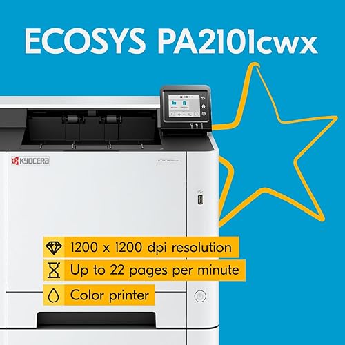 KYOCERA ECOSYS PA2101cwx Color Laser Printer, 22 ppm, 1200 dpi, Wi-Fi Direct, 1GB Memory, 2.7 inch Color Touch Screen Control Panel 22 ppm color Printer