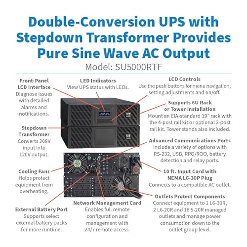 Eaton Tripp Lite Series 5000VA UPS Battery Backup, 208V, 120V Stepdown, AVR, 21 Outlets, Sinewave, 6U Rackmount, Network Card, Extended Run Option, 2-Year Warranty & $250,000 Insurance (SU5000RTF) 120V Stepdown Transformer 5000VA