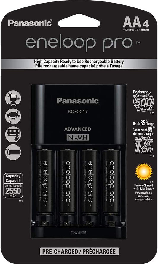 Panasonic K-KJ17KHCA4A 4-Position Charger with AA eneloop PRO Rechargeable Batteries, 4 pk AA 4-Pack w/ Standard Charger