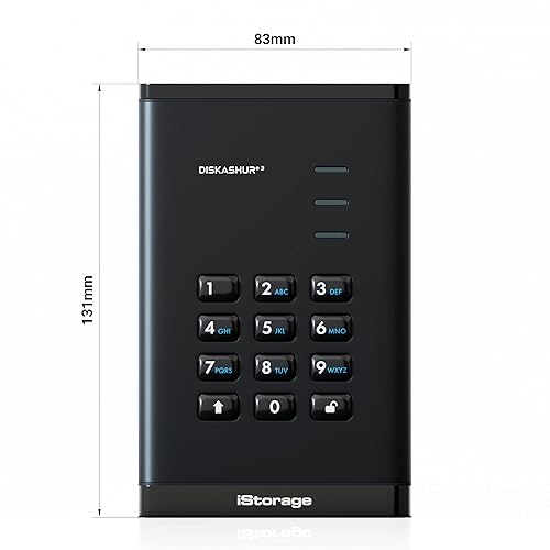 iStorage diskAshur3 HDD 5TB Black - Secure Portable Hard Drive - Password Protected - Dust & Water Resistant - Hardware Encryption 5TB HDD Diamond Black