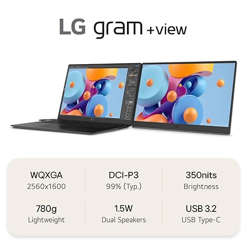 LG gram +view 17MT70 – 17" Lightweight Portable Monitor, WQXGA (2560x1600) IPS, DCI-P3 99%, 16:10 Anti-Glare Display, USB 3.2 Gen1 Type-C, Mini-HDMI, Dual Speakers, Kickstand, Ultra-Slim, Titan Silver