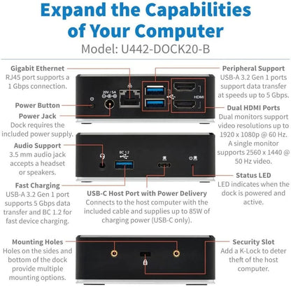 Tripp Lite USB-C Docking Station, USB C Dock for Dual Display, Dual HDMI, USB 3.2 Gen 1, USB-A Hub, Gbe, 3.5 mm 85W PD Charging, Black (U442-DOCK20-B)