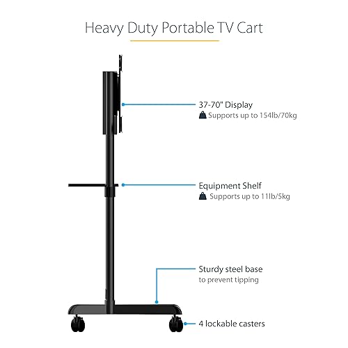StarTech.com Mobile TV Cart - Portable Rolling TV Stand for 37-70 VESA Display (154lb/70kg) - TV Stand w/Shelf & Storage Compartment - Rotate/Tilt Display - Universal TV Mount on Wheels (MBLTVSTNDEC) Single TV 37-70