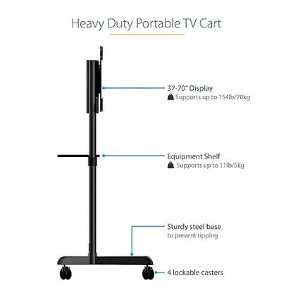 StarTech.com Mobile TV Cart - Portable Rolling TV Stand for 37-70 VESA Display (154lb/70kg) - TV Stand w/Shelf & Storage Compartment - Rotate/Tilt Display - Universal TV Mount on Wheels (MBLTVSTNDEC) Single TV 37-70