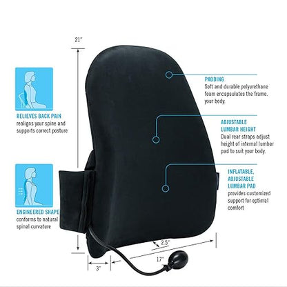ObusForme Lumbar Support Pillow for Chair | Durable Foam Backrest Cushion | CustomAIR Adjustable Inflatable Lumbar Pad | Home, Office or On-The-Go CustomAir Backrest Cushion