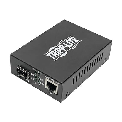 Tripp Lite Gigabit SFP Fiber Optic to Network Copper RJ45 Ethernet with PoE+, 10/100/1000 Mbps, International Power Cables, Extends Power (48 VDC) + Data, 2-Year Warranty (N785-INT-PSFP) International Power Cables Variable Open SFP