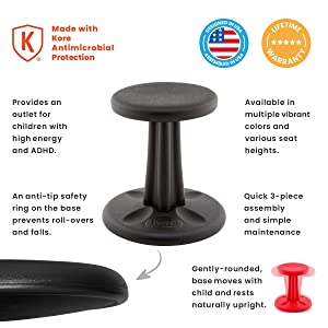 Kore design Kore Kids Pre-Teen Wobble Chair - Flexible Seating Stool for Classroom, Home &amp; School, ADD/ADHD - Made in The USA - Age 10-11, Grade 5-6, Black (18.7in) Black Pre-Teen (18.7in Tall)