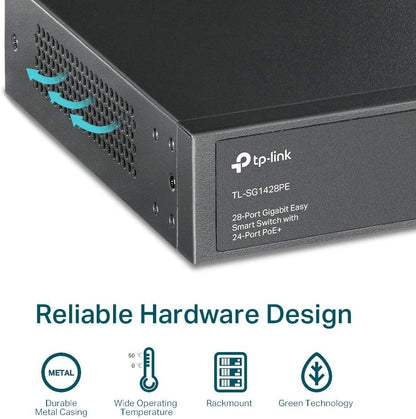 TP-Link TL-SG1428PE - 28-Port Gigabit Easy Smart Switch with 24-Port PoE+ - Limited 28 Ports - Manageable - 2 Layer Supported - Modular - 2 SFP Slots - 27 W Power Consumption - 250