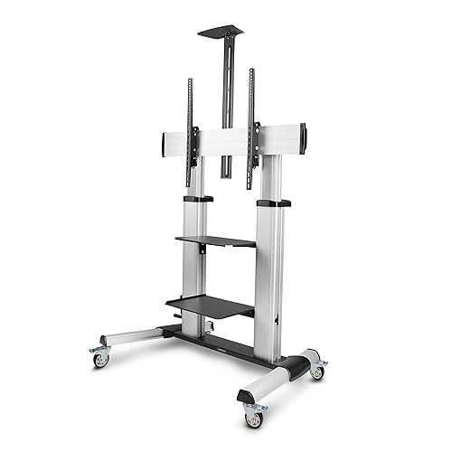 StarTech.com Rolling TV Cart/Stand On Wheels, Up to 100-inch/220lb Flat Screens, Hand Crank Height Adjustable Mobile Trolley Single TV with Hand Crank 60-100"