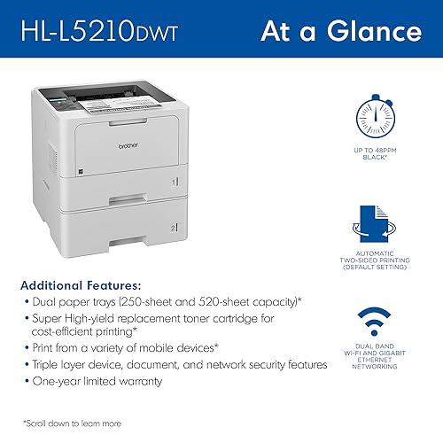 Brother HL-L5210DWT Business Monochrome Laser Printer with Dual Paper Trays, Wireless Networking, and Duplex Printing New Model: HLL5210DWT