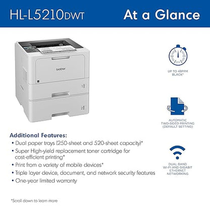 Brother HL-L5210DWT Business Monochrome Laser Printer with Dual Paper Trays, Wireless Networking, and Duplex Printing New Model: HLL5210DWT
