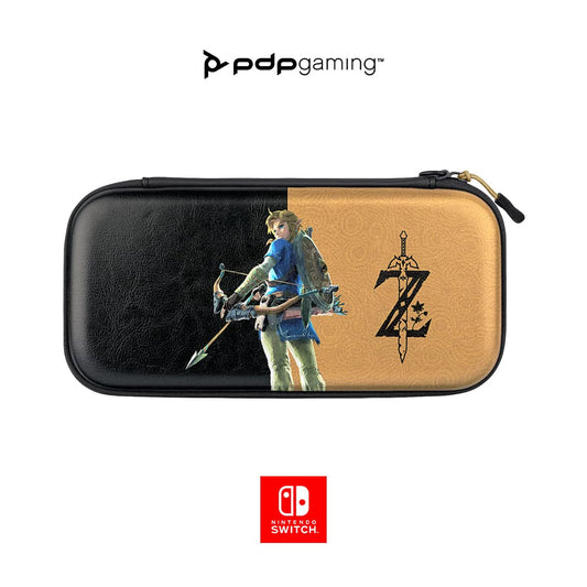 PDP Gaming Officially Licensed Switch Slim Deluxe Travel Case - Zelda Breath of the WIld - Semi-Hardshell - Console Stand - Protective PU Leather - Holds 14 Games - Works with Switch OLED &amp; Lite Hyrule Hero Link