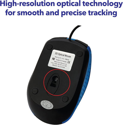 Verbatim Optical Mouse - Wired with USB Accessibility - Mac &amp; PC Compatible - Blue, 1.4" x 2.4" x 3.9"