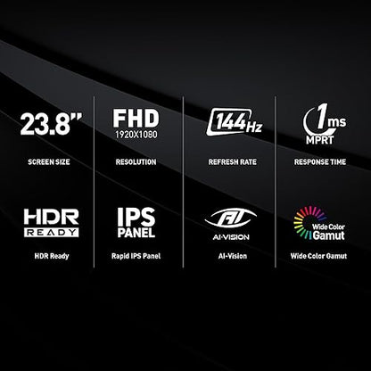 MSI G242L E14 24-inch 1920 x 1080 (FHD) Gaming Monitor, 144Hz, Adaptive-Synch, HDMI, DisplayPort, VESA Mountable, Tilt, Height Adjustable, Speaker, 1ms, Black