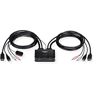 TRENDnet 2-Port 4K DisplayPort 1.2 KVM Switch with Audio, 4K UHD (3840 x 2160@60Hz), 3.5mm Speaker/Microphone, USB 2.0, Integrated Cables, Black, TK-220DPI