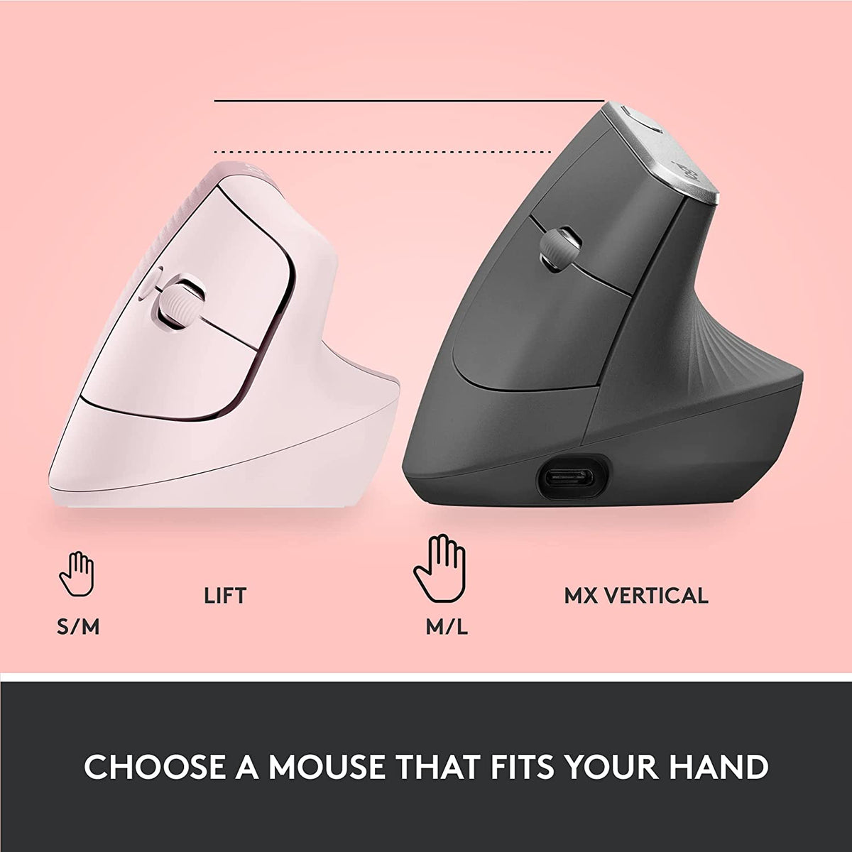 Logitech Lift Vertical Ergonomic Mouse, Wireless, Bluetooth or Logi Bolt USB Receiver, Quiet clicks, 4 Buttons, Compatible with Windows/macOS/iPadOS, Laptop, PC - Rose Right-Handed Mouse ROSE