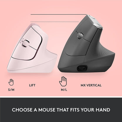 Logitech Lift Vertical Ergonomic Mouse, Wireless, Bluetooth or Logi Bolt USB Receiver, Quiet clicks, 4 Buttons, Compatible with Windows/macOS/iPadOS, Laptop, PC - Rose Right-Handed Mouse ROSE