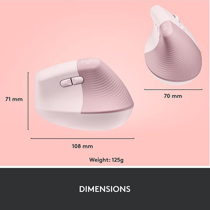 Logitech Lift Vertical Ergonomic Mouse, Wireless, Bluetooth or Logi Bolt USB Receiver, Quiet clicks, 4 Buttons, Compatible with Windows/macOS/iPadOS, Laptop, PC - Rose Right-Handed Mouse ROSE