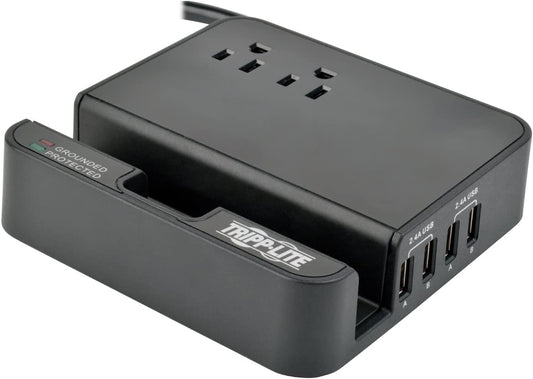 Tripp Lite 2 Outlet Surge Protector Charging Station, 4 USB Charging Ports, 6ft. Cord, $50K Insurance &amp; Lifetime Warranty (TLP26USBB) 2 Outlet + USB + 6ft Cord Charging Station