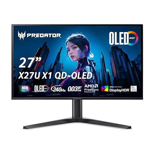 Acer Predator Gaming Monitor | 27" WQHD (2560 x 1440) OLED | AMD FreeSync Premium Pro | 240Hz | 0.03ms (G to G) | VESA DisplayHDR True Black 400 | Display Port 1.4 & 2 x HDMI 2.1 | X27U X1bmiiphx