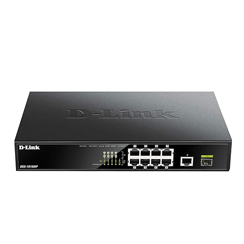D-Link PoE Switch, 8 10 Port Unmanaged w/ 1 Gigabit Ethernet Port & 1 SFP Uplink Port, 125W PoE Budget Fanless Rackmount Plug N Play (DGS-1010MP), Black 10-Port Gigabit