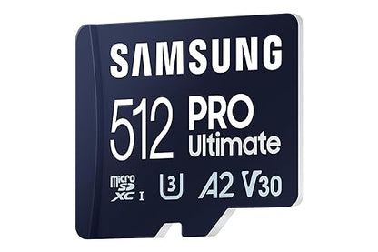 SSAMSUNG PRO Ultimate microSD Memory Card + Adapter, 512GB microSDXC, Up to 200 MB/s, 4K UHD, UHS-I, Class 10, U3,V30, A2 for Action Cam, Drone, Gaming, Phones, Tablets, MB-MY512SA/AM [Canada Version]