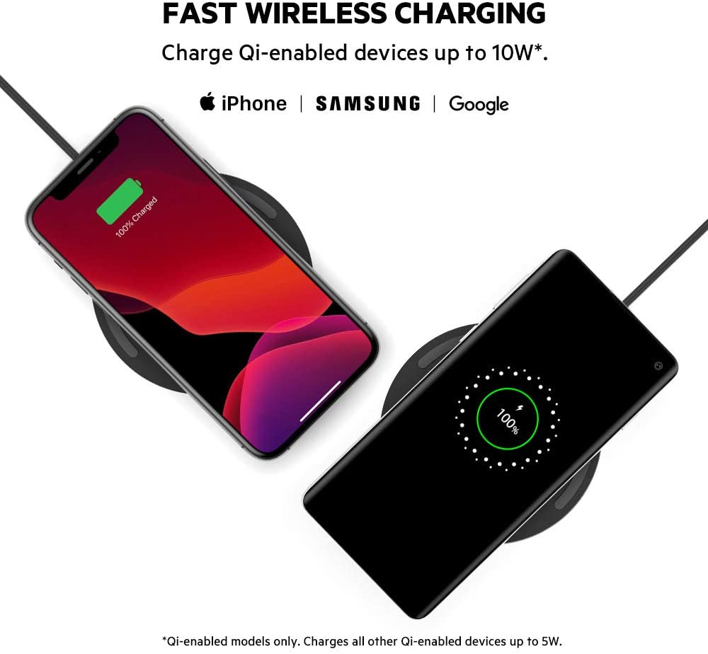 Belkin BoostCharge 10W Fast Wireless Charger Pad, with Included QuickCharge 3.0 Wall Charger and Cable, Case Compatible for iPhones, Galaxy, Pixel and Other Qi Enabled Devices (includes AC adapter)