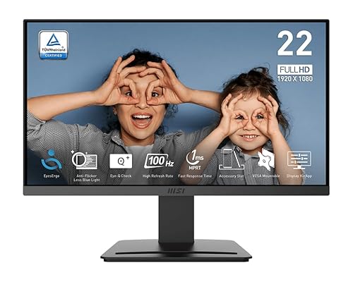 MSI PRO MP223 E2, 22-inch VA 1920 x 1080 (FHD) Computer Monitor, 100Hz, Adaptive-Synch, HDMI, DP, VESA Mountable, Less Blue Light, Tilt, 1ms, Black 22 MP223 E2
