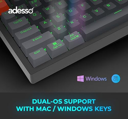 Adesso EasyTouch 1100 Compact Mechanical RGB Keyboard, Wired/Wireless/Bluetooth, QMK/VIA, Multi-OS, Hot-Swappable, Gasket Mount, Red Switches, Copilot AI Hotkey