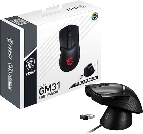 MSI Clutch GM31 Lightweight Wireless Ergonomic Gaming Mouse & Charging Dock, 12K DPI Optical Sensor, 60M Omron Switches, Fast-Charging 110Hr Battery, RGB Mystic Light, 5 Programmable Buttons, PC/Mac