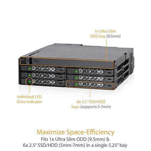 ICY DOCK 6 Bay 2.5 SAS/SATA SSD/HDD & Ultra Slim Optical Disk Drive CD DVD ROM Backplane Enclosure for External 5.25 Bay | ToughArmor MB606SPO-B 6 Bays + ODD