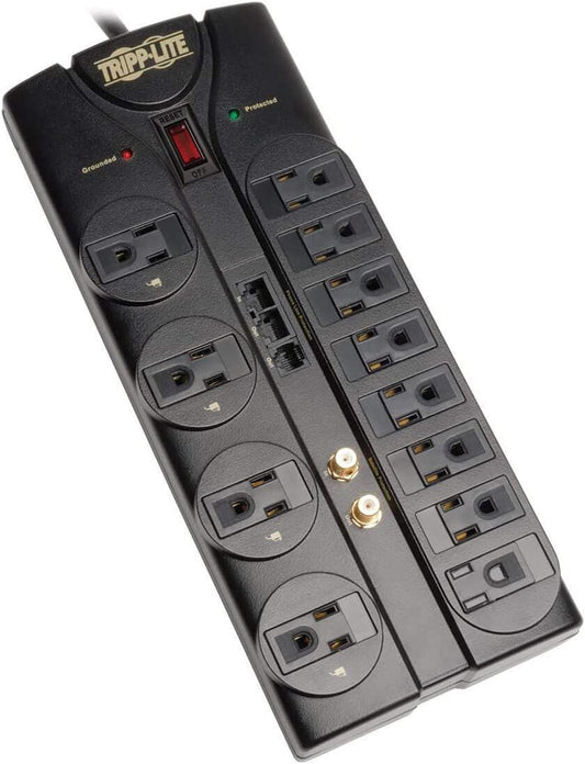 Tripp Lite 12 Outlet Surge Protector Power Strip, 8ft Cord, Right-Angle Plug, Tel/Modem/Coax/Ethernet Protection, RJ11, RJ45, &amp; $250,000 INSURANCE (TLP1208SAT) Black 12 Outlets + Tel/Modem/Coax/Ethernet Outlet