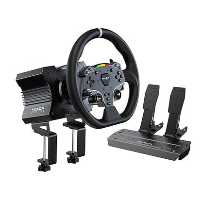 MOZA R5 All-in-One PC Gaming Racing Simulator 3PCS Bundle: 5.5Nm Direct Drive Wheel Base, 11-inch Racing Wheel, Anti-Slip Pedals and a Desk Clamp, Cloud-Based App Control