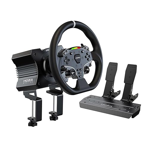 MOZA R5 All-in-One PC Gaming Racing Simulator 3PCS Bundle: 5.5Nm Direct Drive Wheel Base, 11-inch Racing Wheel, Anti-Slip Pedals and a Desk Clamp, Cloud-Based App Control