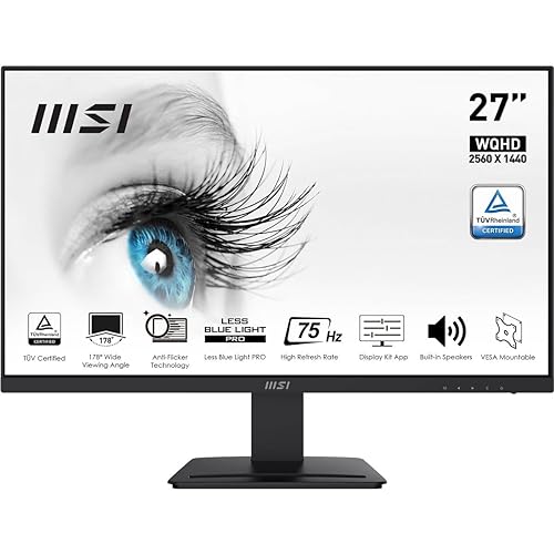 MSI Pro MP273QV, 27" Monitor, 2560 x 1440(QHD) VA, 75Hz, TUV Certified Eyesight Protection, 1ms, Displayport, HDMI, Tilt, Black Black VA Panel 2560 x 1440 (QHD)