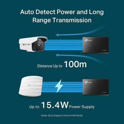 TP-LINK 802.3af Gigabit PoE Injector | Convert Non-PoE to PoE Adapter | Auto Detects the Required Power, up to 15.4W | Plug &amp; Play | Distance Up to 100 meters (328 ft.) | Black (TL-PoE150S) PoE Injector (15W)