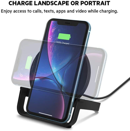 Belkin BoostCharge 10W Fast Wireless Charging Stand, Includes QuickCharge 3.0 Wall Charger and Cable, Case Compatible for iPhones, Galaxy, Pixel and Other Qi Enabled Devices (includes AC adapter)