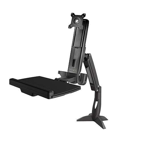 StarTech.com Sit Stand Monitor Arm - Desk Mount Adjustable Sit-Stand Workstation Arm for Single 27" VESA Mount Display - Ergonomic Articulating Standing Desk Converter with Keyboard Tray (ARMSTSCP1) Desk Mount – Spring Arm Black