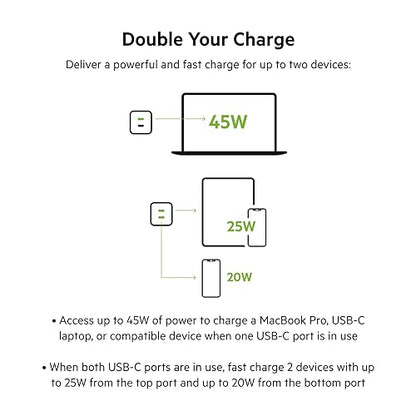 Belkin BoostCharge Pro 45W Dual USB-C GaN Wall Charger, Multi-Port Charger w/ 2X USB-C PD 3.0 Fast Charge Ports for MacBook, iPhone, iPad, Galaxy, Google Pixel, & More + USB-C to USB-C Cable - White Includes USB-C to USB-C Cable