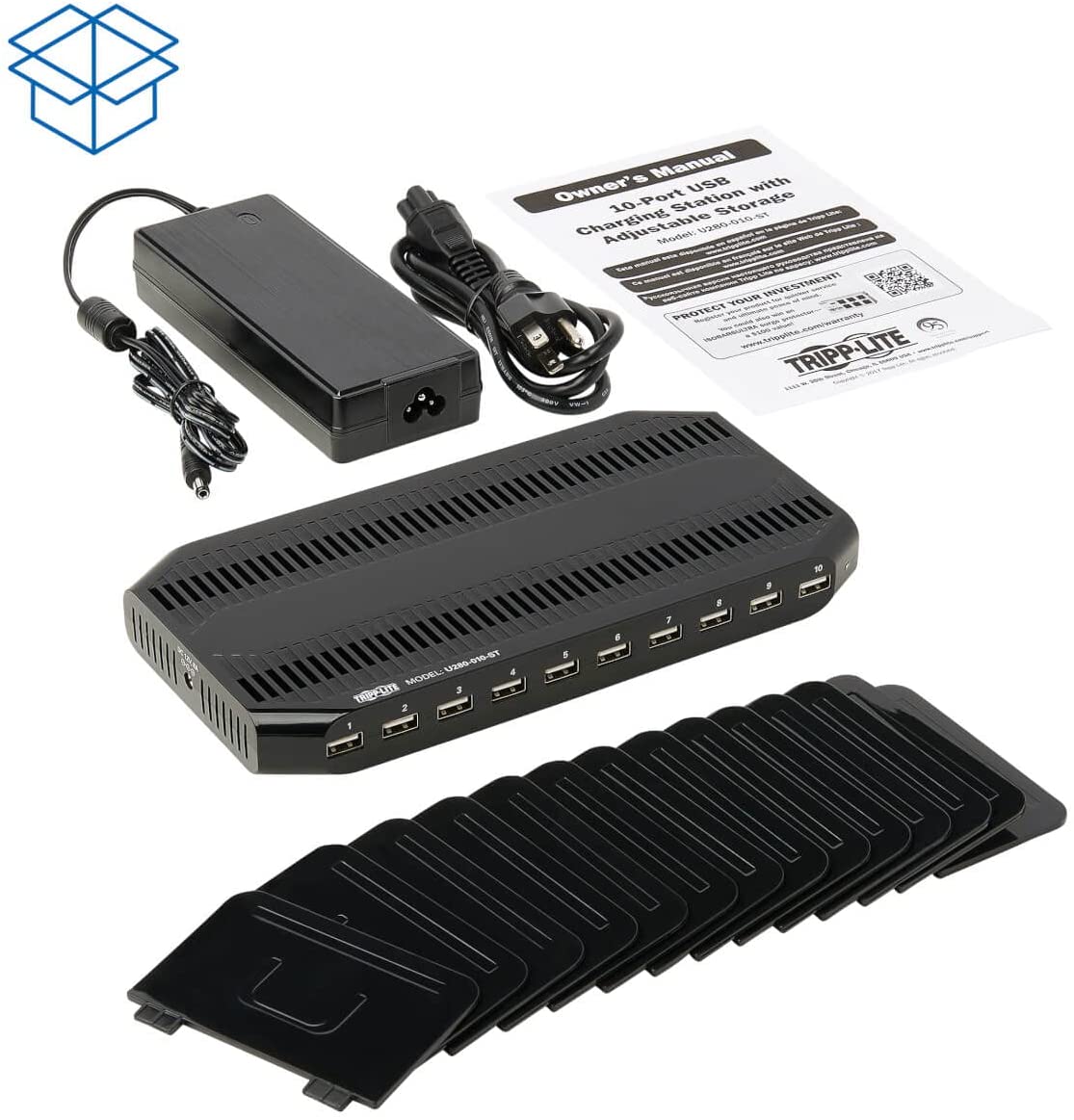 TRIPP LITE 10-Port USB Charging Station Dock with Storage Slots for Tablet iPhone iPad &amp; Laptops (U280-010-ST),Black